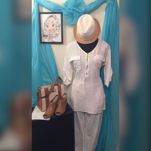 2PC ELLEN TRACY PANTS SUIT WHITE LINEN.